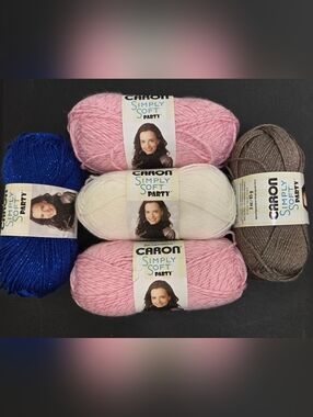 Caron Simply Soft Party Yarn Bundle Chocolate Sparkle Soft Pink Snow & Royal